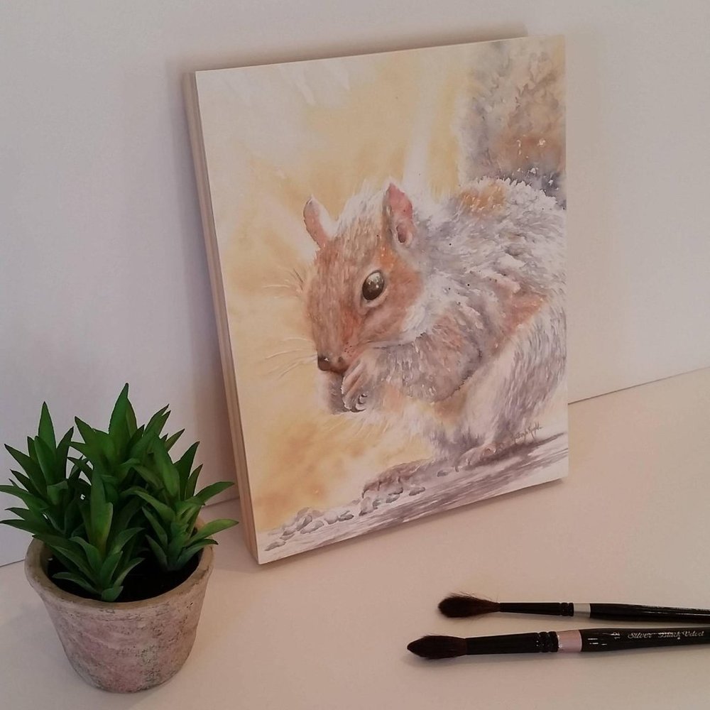 Squirrel Watercolor print on Wood Panel. 8" X 11" Gift.